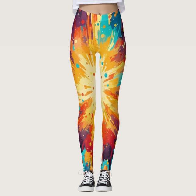 Cosmic Burst Abstract Splatter Art Leggings (Front)