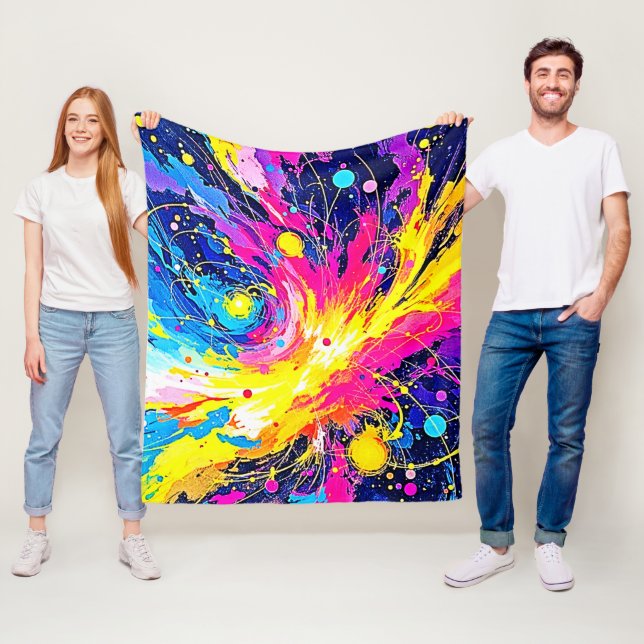Cosmic Burst: Vibrant Splatter Art Fleece Blanket (In Situ)