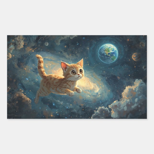 Cosmic Cat Adventure – Enchanting Space Painting  Rectangular Sticker (Front)