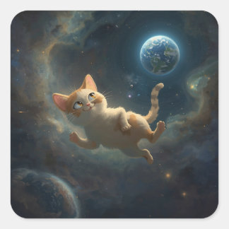 Cosmic Cat Adventure – Enchanting Space Painting Square Sticker