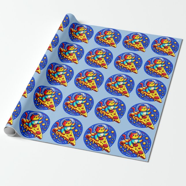 Cosmic Cat Astronaut - Pizza Galaxy Adventure Wrapping Paper (Unrolled)