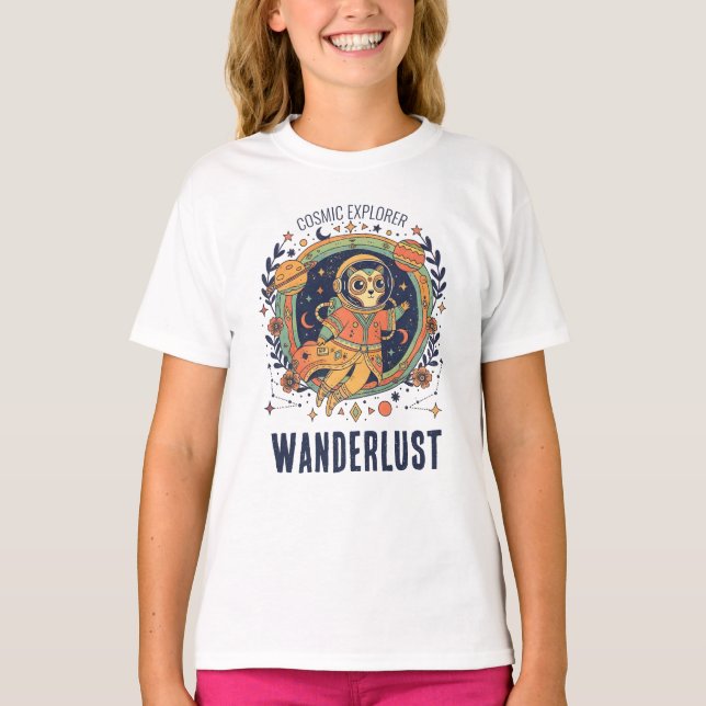 Cosmic Cat Astronaut Space Explorer Wanderlust T-Shirt (Front)