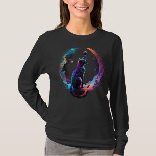 Cosmic Cat Cool Colorful Crescent Moon and Clouds  T-Shirt