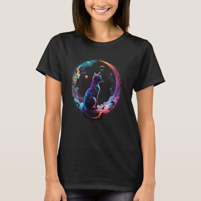 Cosmic Cat Cool Colourful Crescent Moon and Clouds T-Shirt (Front)