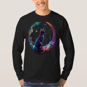 Cosmic Cat Cool Colourful Crescent Moon and Clouds T-Shirt