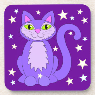 Cosmic Cat Cute Smiling Cartoon Kitty Purple Coaster