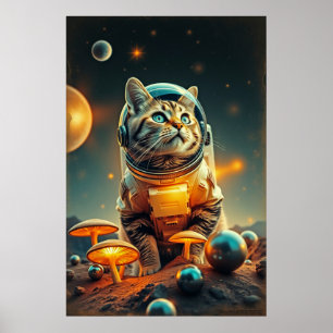 Cosmic Cat Dreams in Retro Space Poster