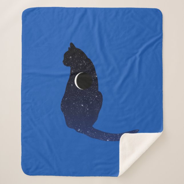 Cosmic Cat in Stars and Crescent Moon Pattern Sherpa Blanket (Front)