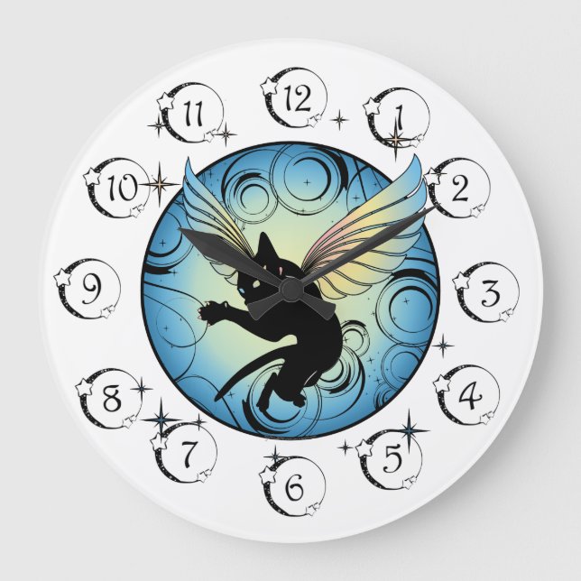 Cosmic Cat Moon and Stars Large Clock (Front)