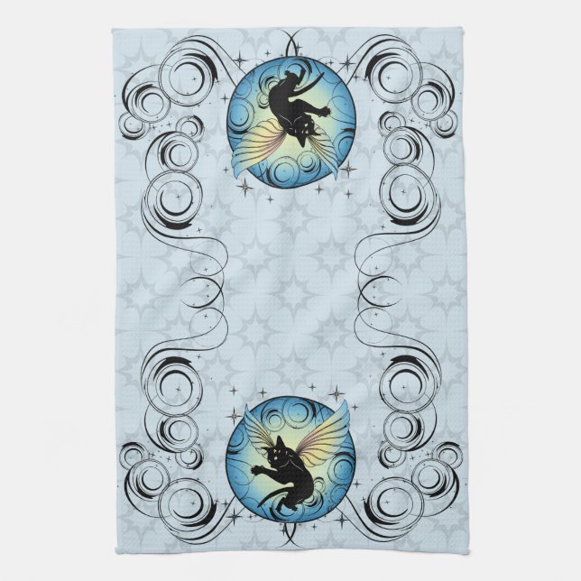 Cosmic Cat Moon and Stars Tea Towel (Vertical)