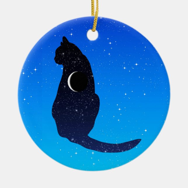 Cosmic Cat on a Starry Sky Background Ceramic Tree Decoration (Front)