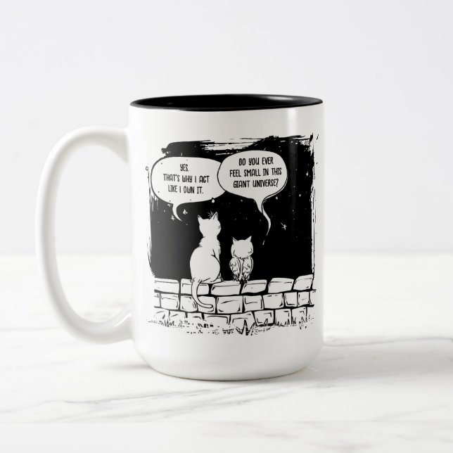Cosmic Cat Perspective Funny Cat Art Two-Tone Coffee Mug (Left)
