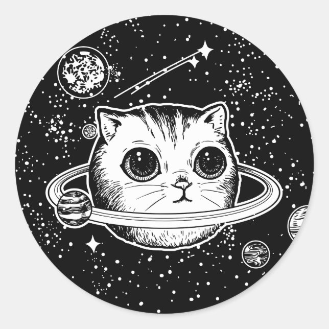 Cosmic Cat planet, black and white Classic Round Sticker (Front)