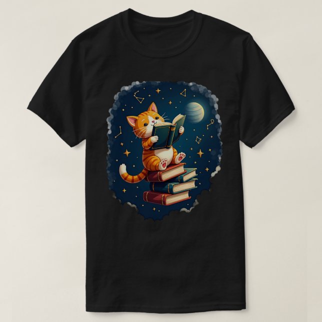 Cosmic Cat Reading In Another Dimension Space Book T-Shirt (Design Front)