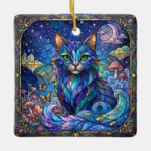 Cosmic Cat Stained Glass Surreal Blue Green Eyes Ceramic Ornament