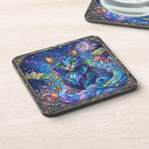 Cosmic Cat Stained Glass Surreal Blue Green Eyes Coaster