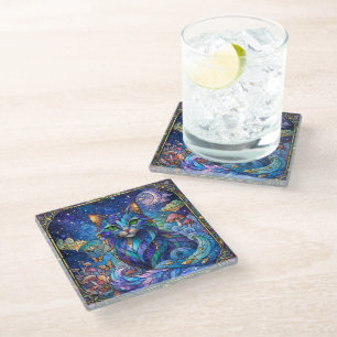 Cosmic Cat Stained Glass Surreal Blue Green Eyes Coaster