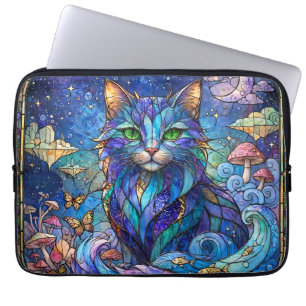 Cosmic Cat Stained Glass Surreal Blue Green Eyes Laptop Sleeve