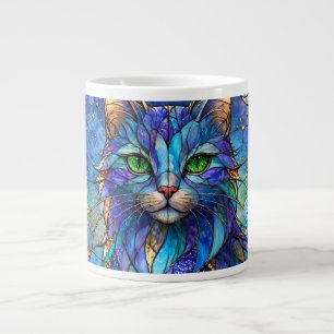 Cosmic Cat Stained Glass Surreal Blue Green Eyes Large Coffee Mug