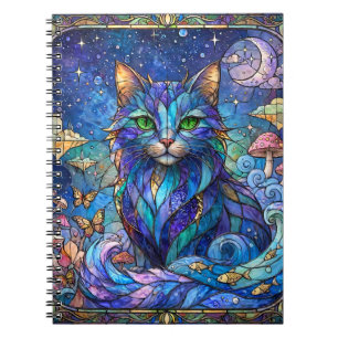 Cosmic Cat Stained Glass Surreal Blue Green Eyes Notebook