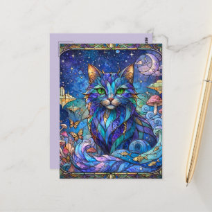 Cosmic Cat Stained Glass Surreal Blue Green Eyes Postcard