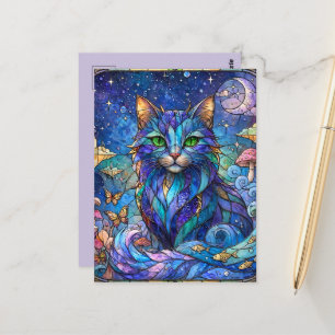 Cosmic Cat Stained Glass Surreal Blue Green Eyes Postcard
