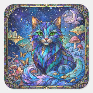 Cosmic Cat Stained Glass Surreal Blue Green Eyes Square Sticker