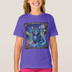 Cosmic Cat Stained Glass Surreal Blue Green Eyes T-Shirt