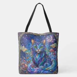 Cosmic Cat Stained Glass Surreal Blue Green Eyes Tote Bag