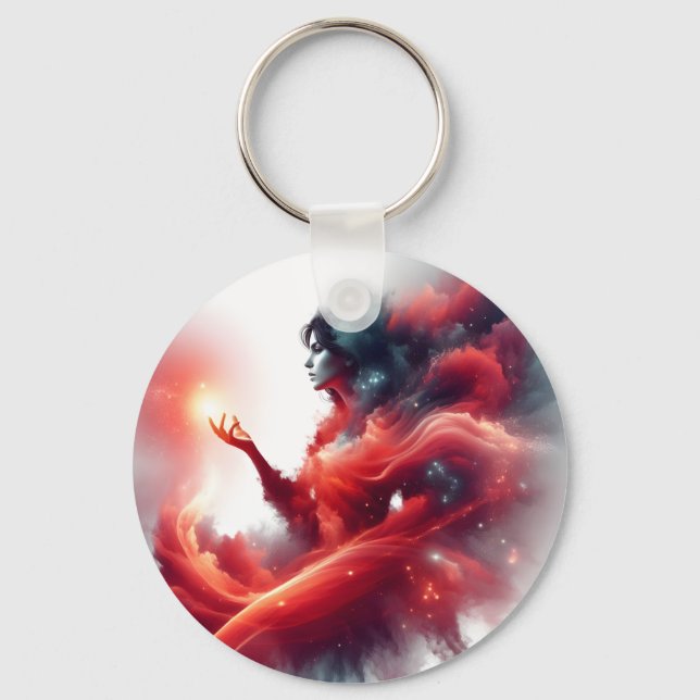 Cosmic Celestial Goddess Abstract Red Cloud Galaxy Key Ring (Front)