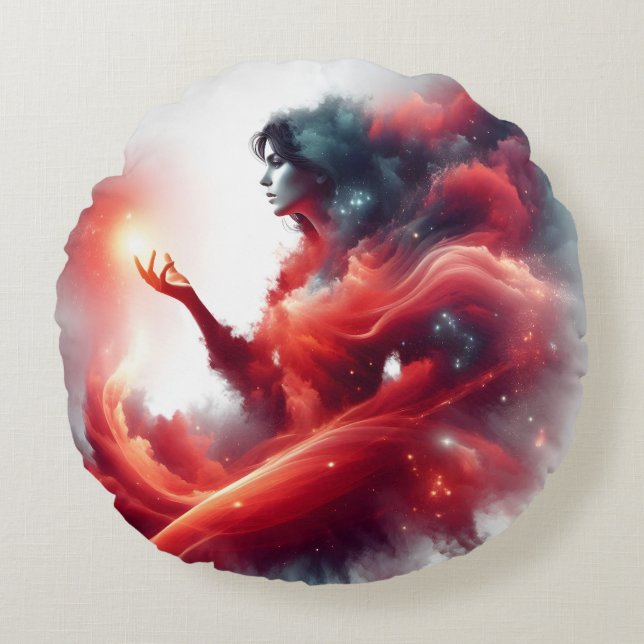 Cosmic Celestial Goddess Abstract Red Cloud Galaxy Round Cushion (Front)