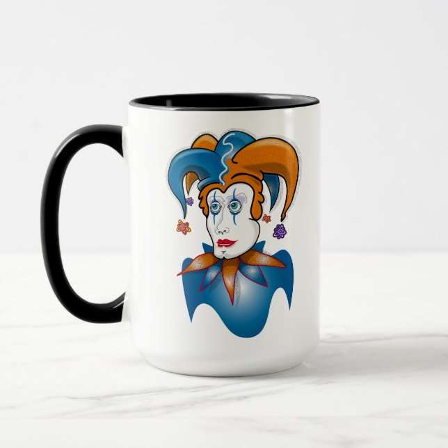 Cosmic Court Jester Harlequin Comedy Mug (Left)