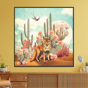Cosmic Coyote Cactus Moon Surreal Collage Canvas Print
