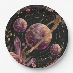 Cosmic Crystal Ringed Planet Fantasy Art (1) Paper Plate
