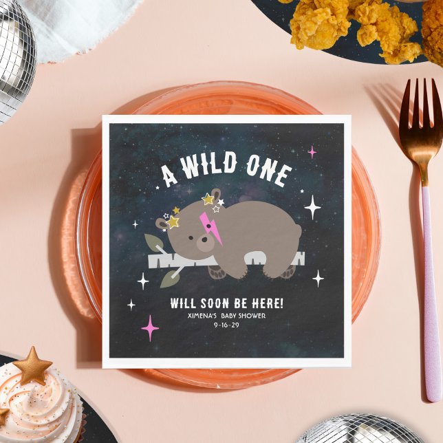 Cosmic Cub Sleepy Wild One Pink Girl Baby Shower Napkin (Creator Uploaded)