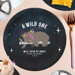 Cosmic Cub Sleepy Wild One Pink Girl Baby Shower Paper Plate<br><div class="desc">A baby cosmic creatures woodland baby shower theme featuring an illustration of a baby bear cub lounging on a birch tree branch surrounded by stars. Bear has pink lightning bolt on face and stars on head.   Personalise the text.  Background is watercolor cosmic inspired design.</div>