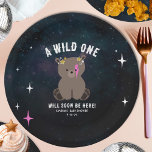 Cosmic Cub Sleepy Wild One Pink Girl Baby Shower Paper Plate<br><div class="desc">A baby cosmic creatures woodland baby shower theme featuring an illustration of a baby bear cub surrounded by stars. Bear has pink lightning bolt on face and stars on head.   Personalise the text.  Background is watercolor cosmic inspired design.</div>