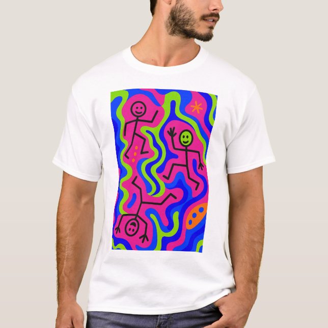 Cosmic Dance – Neon Stickmen T-Shirt (Front)