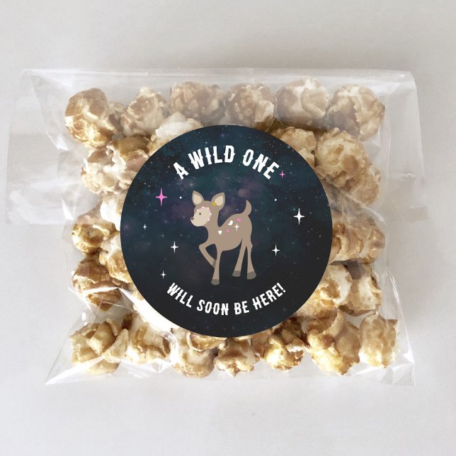 Cosmic Deer Wild One Pink Girl Baby Shower Classic Round Sticker (Creator Uploaded)