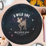 Cosmic Deer Wild One Pink Girl Baby Shower Paper Plate<br><div class="desc">A baby cosmic creatures woodland baby shower theme featuring an illustration of a baby deer surrounded by stars. Deer has pink and white spots.   Personalise the text.  Background is watercolor cosmic inspired design.</div>
