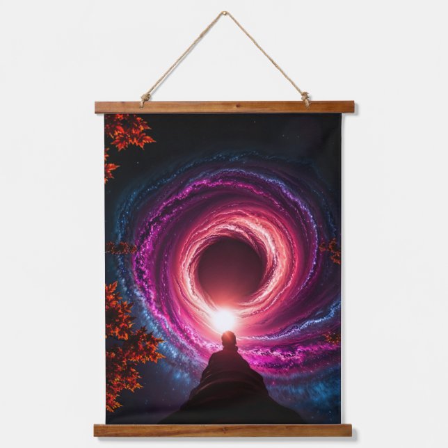 "Cosmic Descent — Man Staring Into a Neon Galactic Hanging Tapestry (Front)
