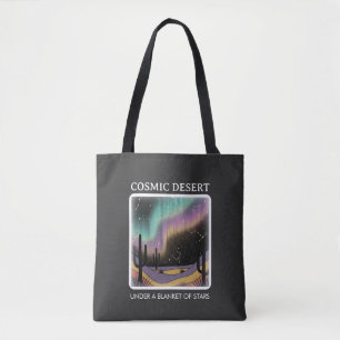Cosmic Desert Aurora • Retro Western Night Sky Tote Bag