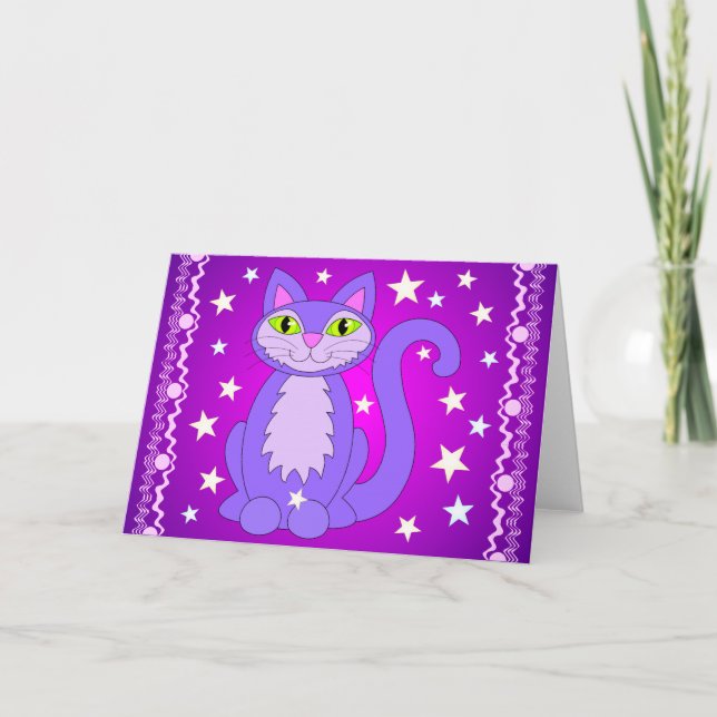 Cosmic Design Cat Stars Art Purple Greeting Cards (Front)