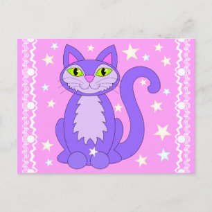 Cosmic Design Cat Stars Cartoon Art Postcard Pink