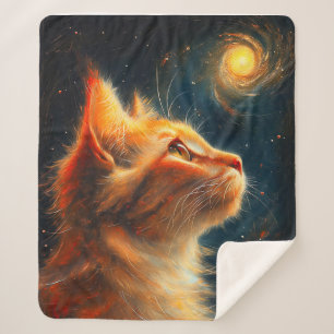 Cosmic Dreamer Ginger Cat Stargazing Sherpa Blanket