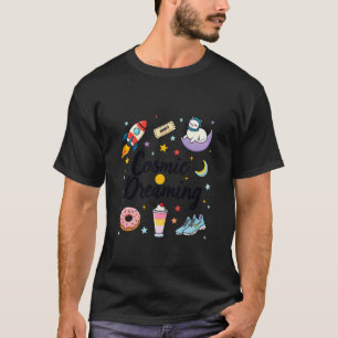 Cosmic Dreaming Space Cat Moon Rocket Stars Orbit T-Shirt
