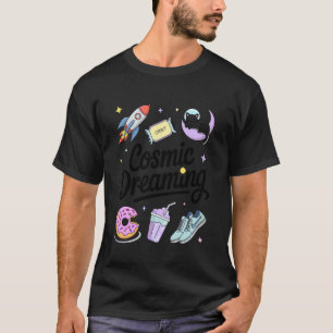 Cosmic Dreaming Space Cat Moon Rocket Stars Orbit T-Shirt