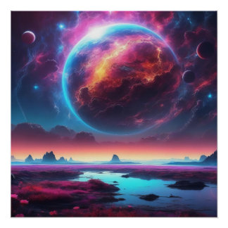  Cosmic Dreamscape with Fiery Planet  Poster