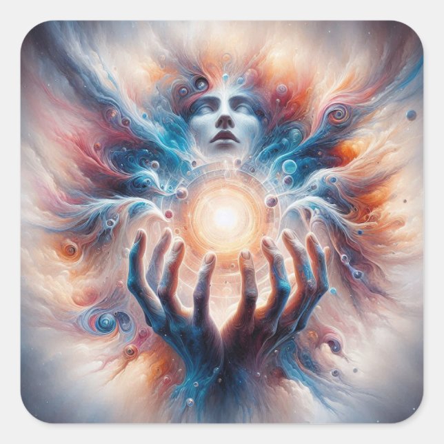 Cosmic Energy Embraced by Hands Square Sticker (Front)
