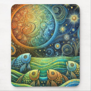 Cosmic Fish and Celestial Sun Vibrant Ocean Waves Mouse Pad